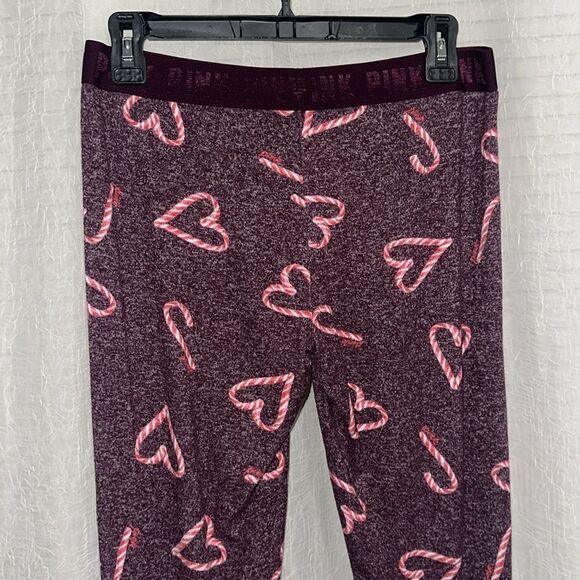 PINK S Burgundy White Red Candy Cane Hearts Print Fine Knit Jogger PJ Bottom - Picture 4 of 7